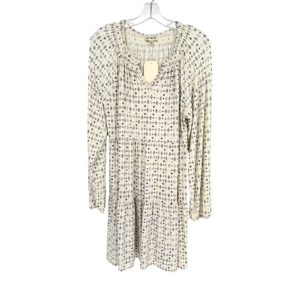 Wonderly Tiered Babydoll Dress Womens L Cream Navy Boho Smocked Peasant Cottage